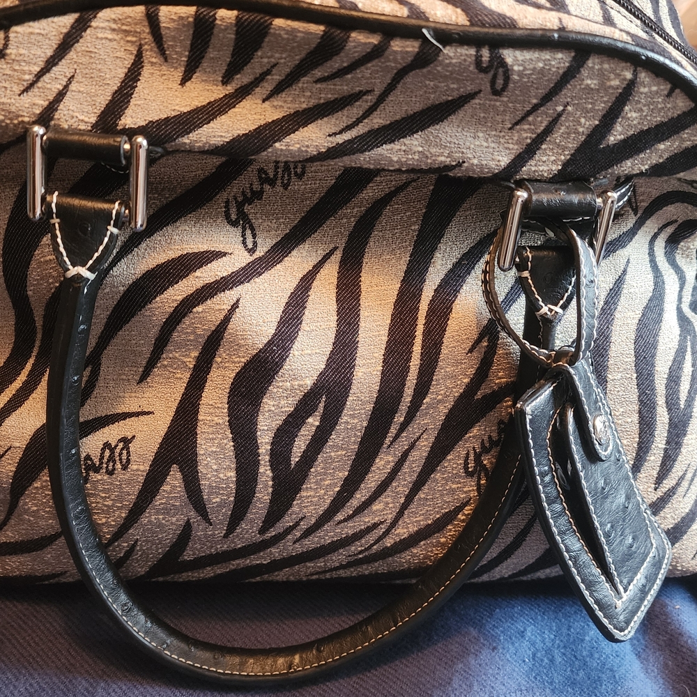 Guess Zebra-Print Satchel in Black and Cream